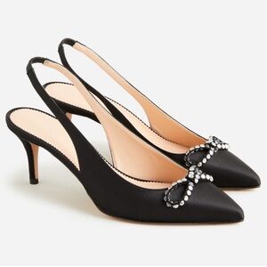 J.Crew Anya Black Satin Slingback Kitten Heel Crystal Bows 8.5